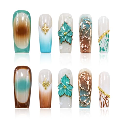 Vanpaga Handmade Square Coffin Press on Nails - Ocean Ombre Blue with Flowers