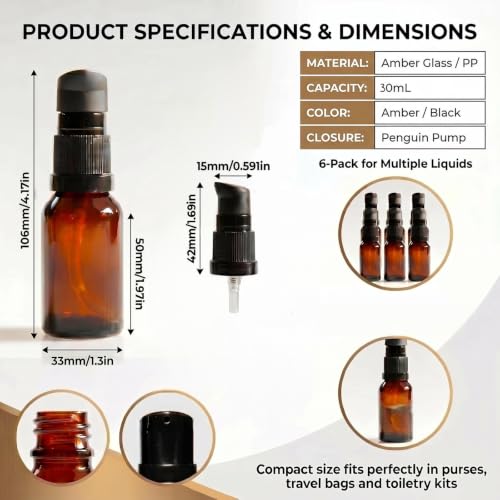 Bamboopack 30ml Amber Glass Refillable Lotion Bottles Set - Travel Size Containers