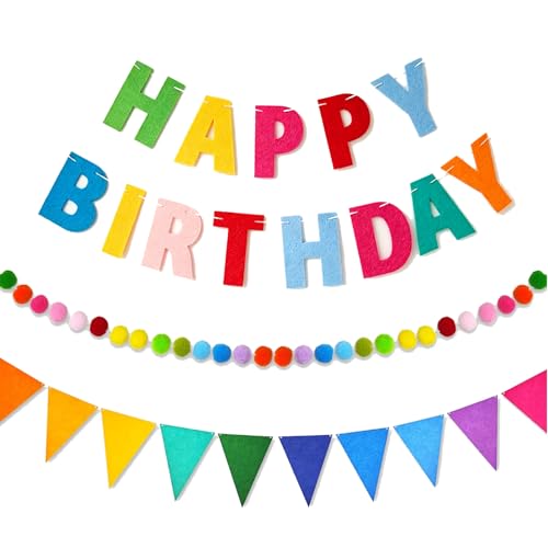 Happy Birthday Banner Set - Multicolor Felt Garland & Pom Poms