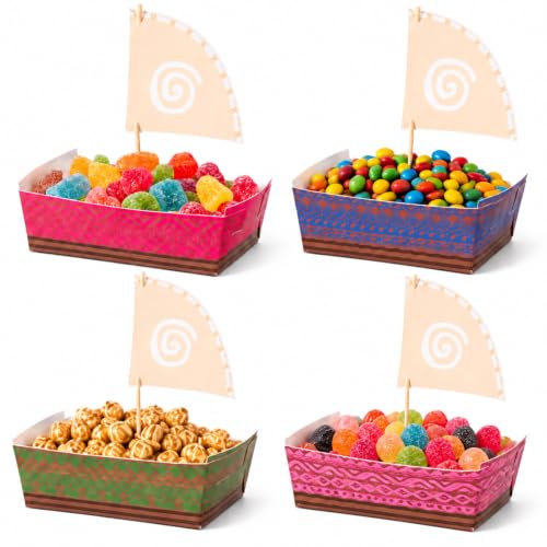 24pcs Hawaiian Party Supplies - Disposable Boat Plates with Bamboo Sticks & Flags