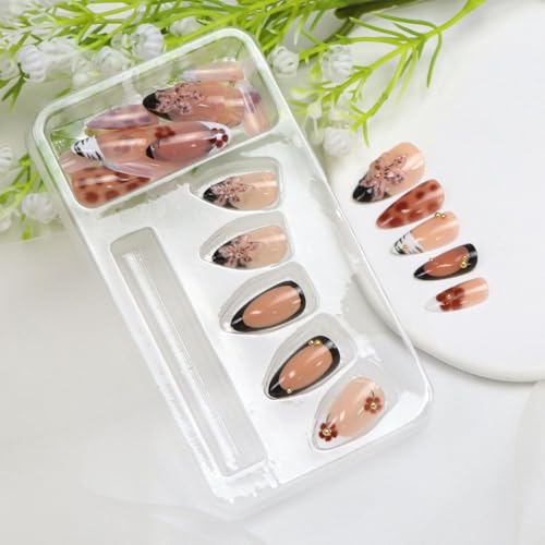 BDKAIWU 3D Flower Black Nude White Brown Short Press On Nails Fake Tips with Gold Pearl & French Design, 24 Pcs