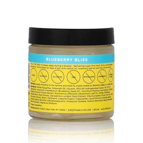 Curls Blueberry Bliss Super Hold Edge Control Gel 4 oz - Strong Hold, Flake-Free, Enriched with Castor & Blueberry Seed Oils