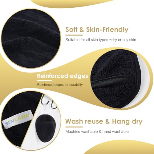 SINLAND Reusable Makeup Remover Pads Black (12 Pack) - Soft Microfiber Cleansing Cloths