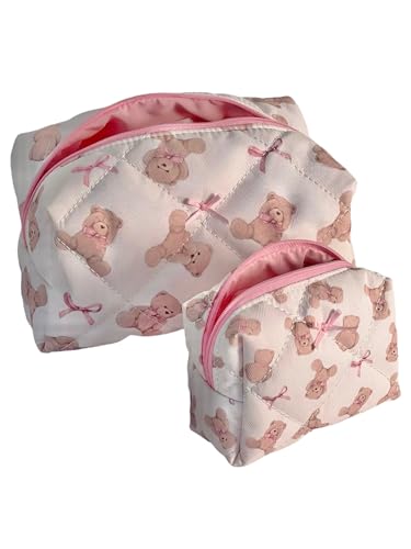 Cherry Ever After Quilted Teddy Bow Makeup Bag Set - 2 Piece Coquette Pouch