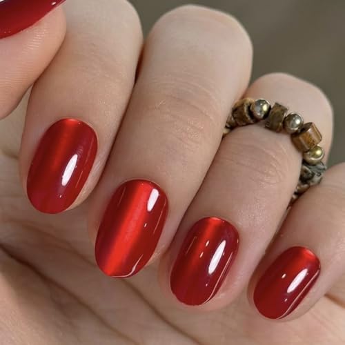 UNA GELLA Soft Gel Press on Nails - Velvet Merlot Red Cat Eye Oval Tips