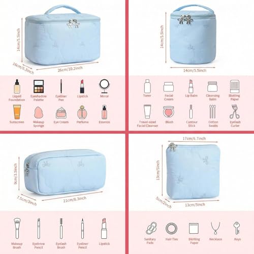 AMDAILY Sky Blue Quilted Makeup Bag Set with Bow Embroidery - 4 Pcs Travel Organizer
