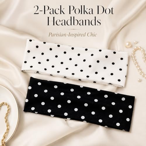 2 Pack Wide Black White Polka Dot Headband for Women