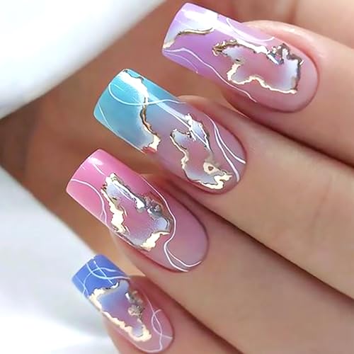 24Pcs Pink Gradient Press-On Nails Set - Medium Coffin with Gold Designs