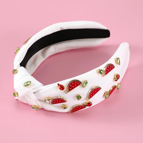 Watermelon White Headband for Women - Rhinestone Fruit Knot Hairband