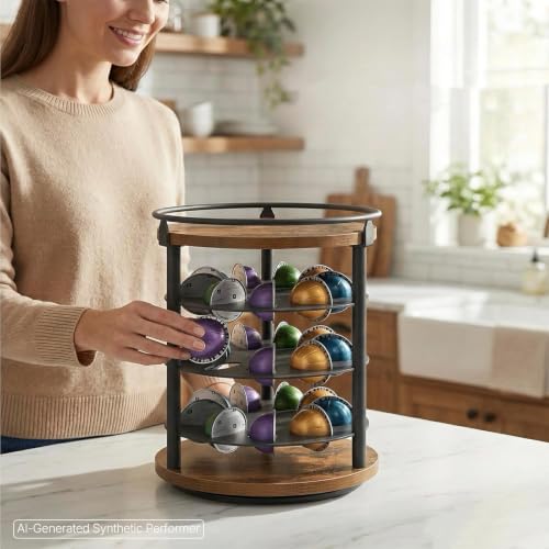 360° Rotating Coffee Pod Holder for K Cup & Nespresso Pods - Rustic Brown