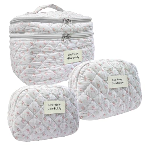 ZERFLUMP 3Pcs Travel Quilted Makeup Bag Set Pink Floral - Double Layer Cosmetic Organizer for Women