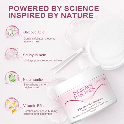 Ingrown Hair Treatment Pads for Face: Prevent Ingrown Hairs with BHA + AHA Soothe Razor Bumps for Bikini Area Underarms Neck Legs After Shave & Waxing Treatment - 50 Pads
