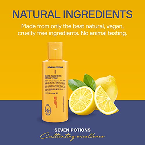 SEVEN POTIONS Beard Shampoo for Men, Natural Citrus Tonic Wash, 3.4 Fl Oz