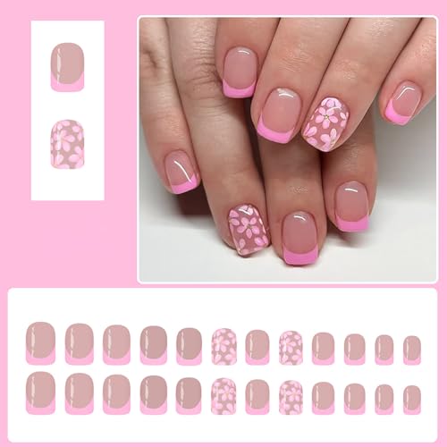 Short Nude Pink French Tip Press On Nails with Floral Design