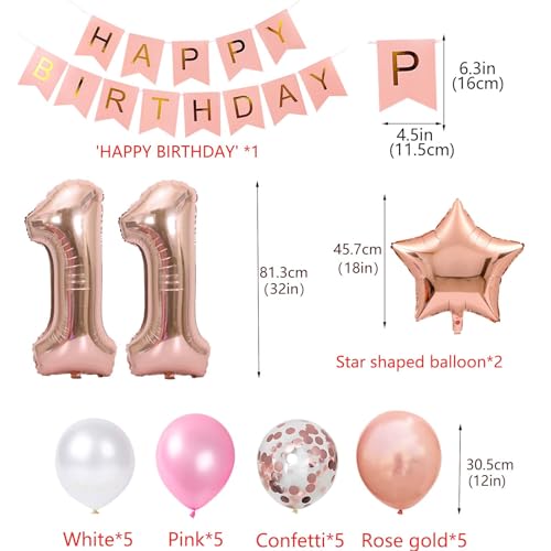 Rose Gold 11th Birthday Balloon Decorations Set for Girls
