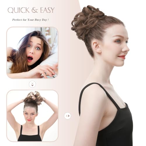 FESHFEN Large Messy Bun Hair Piece - Wavy Synthetic Chignon for Women, Brown Mixed Honey Blonde, 1.94oz, Variation 22H10#