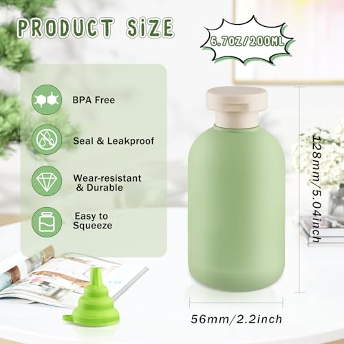 Green Refillable Travel Shampoo Bottles - 6 Pack 6.7 oz with Flip Caps