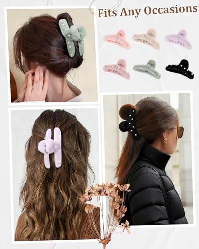 6PCS Large Fuzzy Claw Hair Clips for Thick Hair - Cute Bow Design