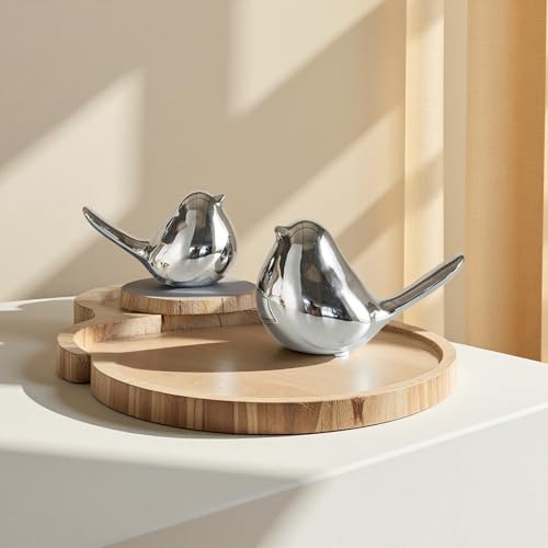 Ceramic Bird Figurines Set of 2 - Chubby Gold Statues for Home Decor
