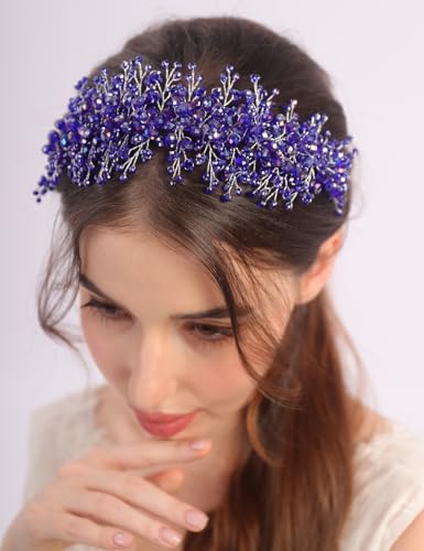 Blue Rhinestone Beaded Hair Crown Tiara for Brides