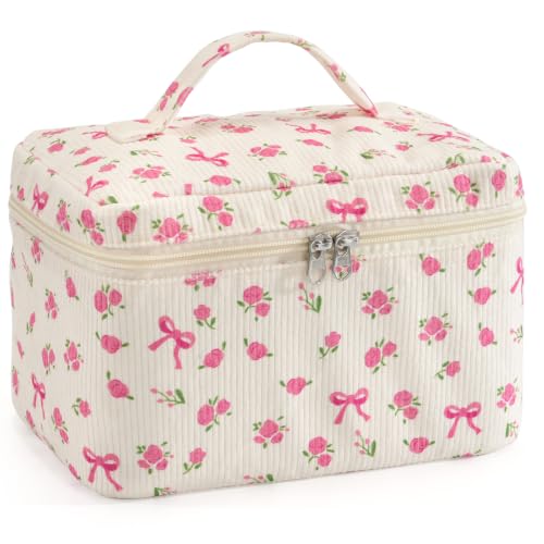 Large Quilted Makeup Bag for Women Travel Cosmetic Organizer Beige Rose