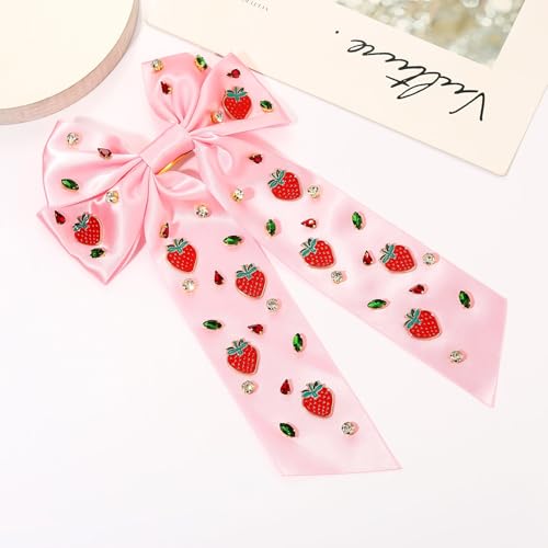 Strawberry Satin Hair Bow Clip with Crystal Charms - Summer Hair Accessory