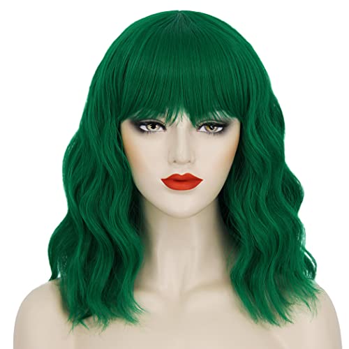 Juziviee Short Green Wavy Bob Wig with Bangs for Cosplay and Parties