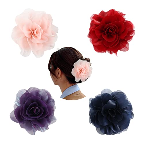 Cinaci Large Chiffon Rose Flower Hair Claw Clips - 4 Pack for Thick Hair