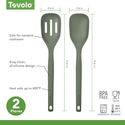 Tovolo Silicone Spoon Set - 2 Mixing & Slotted Spoons, Thyme Green