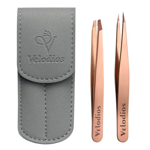 Velodios 2-Pack Precision Eyebrow Tweezers – Slant & Pointed Tips, Leather Case