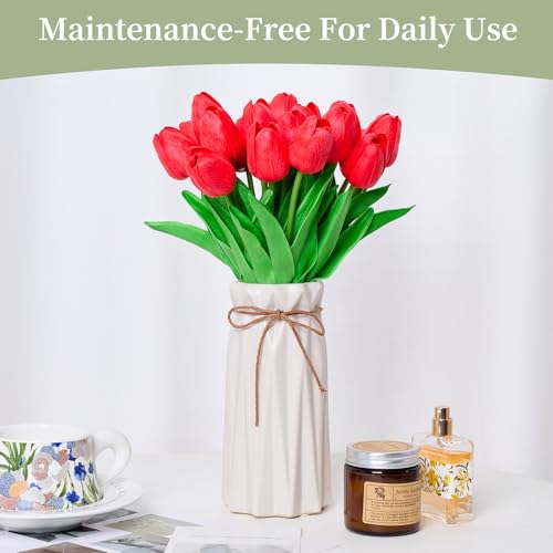 13" Red Artificial Tulips - Realistic Faux Flowers for Home Decor