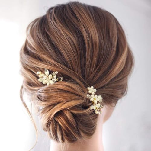 JAKAWIN Bridal Pearl & Crystal Hair Pins, Gold Wedding Hair Accessories Set of 2