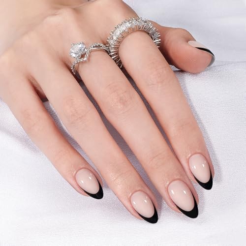Canvalite Black French Tip Reusable Press On Nails - Short Almond Fake Nails with Glue & Remover, Manicure Kit for Women