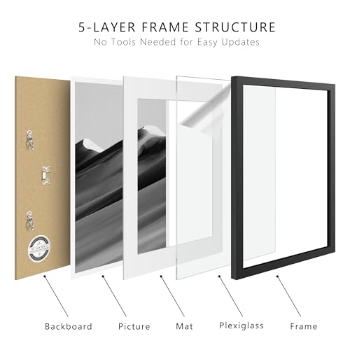 11x14 Black Picture Frame with 8x10 Mat - Shatter Resistant Plexiglass