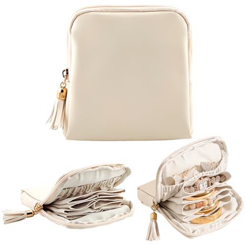 Shunmei Mini Zipper Travel Jewelry Case - 5 Pockets, Beige