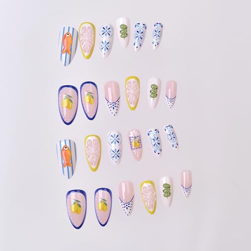 24Pcs Almond Press on Nails - Cute French Tips Manicure Set
