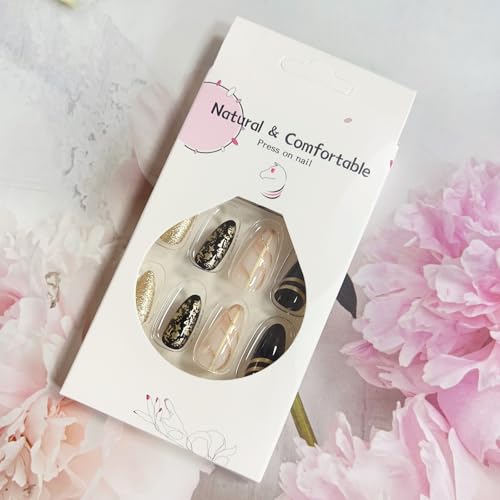 Medium Almond Press On Nails with Gold Foil - 24Pcs