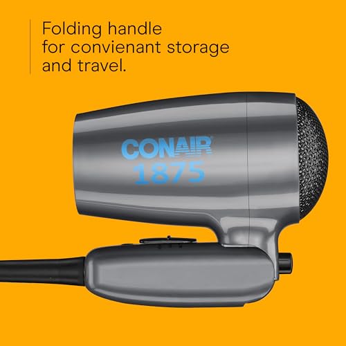 Conair Travel Hair Dryer with Dual Voltage, 1875W Compact Blow Dryer with Folding Handle, Gray