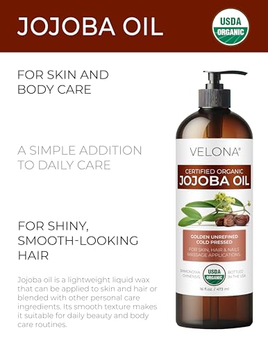 Velona USDA Organic Jojoba Oil - 16 fl oz Cold Pressed Organic Jojoba Oil with Pump