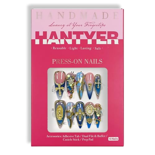 Hantyer Vintage Press On Nails Kit Size L with Blue Marble & Charms - Reusable Long Stiletto