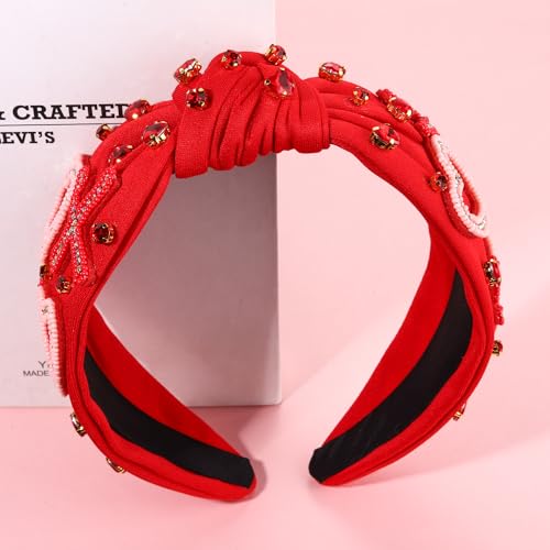 NVENF Love Heart Knotted Headband with Bead XO - Red & Pink Rhinestone