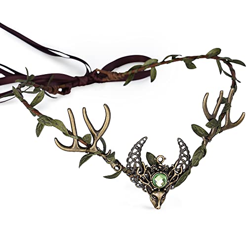 MOSTORY Green Handmade Fairy Antler Crown Elf Headpiece Woodland Leaf Tiara for Renaissance Festival Cosplay