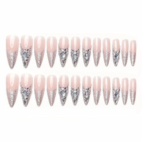 MISUD Long Stiletto Press-On Nails Nude with Bling Glitter 24 pcs - Model 05006-01Nude