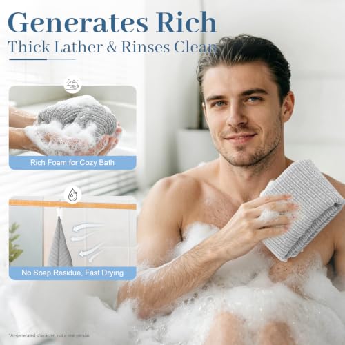 Gray Extra Long Exfoliating Shower Towel - Intensive Japanese Washcloth for Deep Skin Cleansing