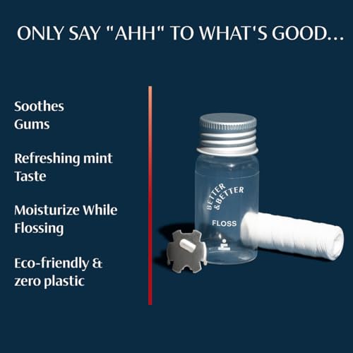 Better & Better Vegan Eco-Friendly Dental Floss in Refillable Glass Jar - 98.4 Feet, Waxed, Plastic-Free, Plant-Based, Zero Waste Oral Care