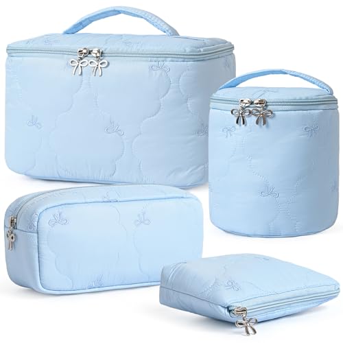 AMDAILY Sky Blue Quilted Makeup Bag Set with Bow Embroidery - 4 Pcs Travel Organizer
