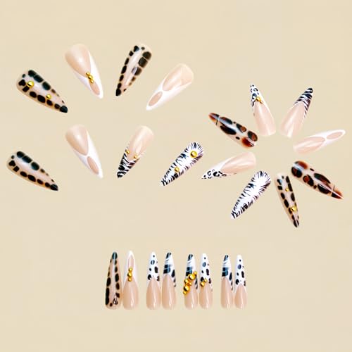 MISUD Long Stiletto Press-On Nails with Cheetah French Tip & Tortoise Design, 24 Pcs