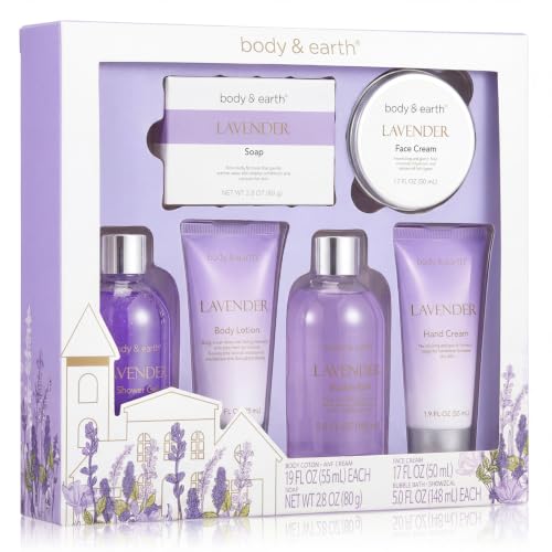 BODY & EARTH Lavender Spa Gift Set - 6-Piece Self Care Bath Kit for Women