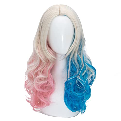 FALAMKA Long Curly Blonde Wig with Blue and Pink Highlights for Cosplay