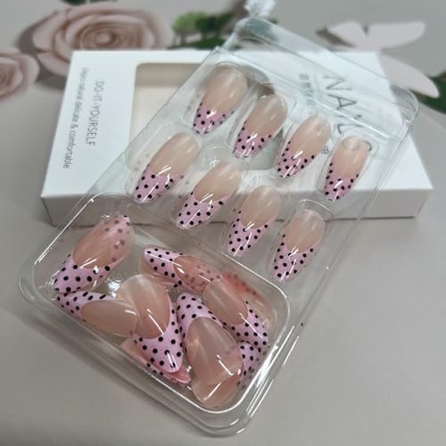 Nude Pink French Tip Polka Dot Press-On Nails - Medium Almond